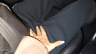 Mature stepmom teases her stepson in the car, in public, with her sexy legs in stockings