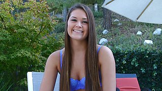 Brunette babe Abby cross teases with a steamy POV BJ by the pool
