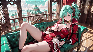 Green-haired warrior in a black-red battle robe, commanding yet shy on the floating terrace.