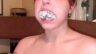 Paper and Tape Gag Solo - Slapping, Clothespins, Bag and Long Orgasm