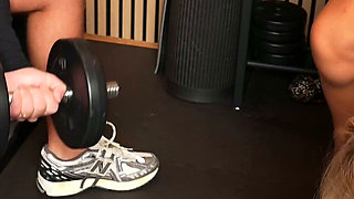 4K Gym Footjob Anal Fuck From Blonde with Long Toenails