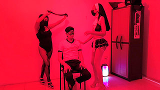 Shy Birthday Boy Gets a Sensual Dance From Two Sluts in Lingerie