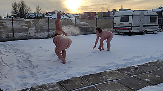 Swingers. Two Married Couples Play in the Snow Naked. the Women Pee in the Snow and the Men Lick It off.