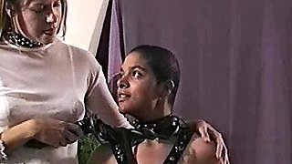 Pale blonde and tanned brunette lesbians toying and licking