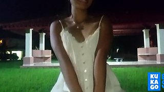 Tiny-titted Asian babe plays with herself outdoors