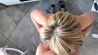 Mature Blonde Stepmom Sucks Cock in the Kitchen