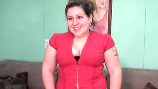 Cute amateur BBW chick with brown hair takes her clothes off for the camera