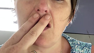 Stepmom Plays with Her Smelly Pussy at the Back of the Bus, Then Sniffs and Sucks Her Stinky Fingers!