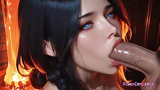 Lava glows as black hair queen fucks wild on fire bed & gets her ass soaked in messy AI cum