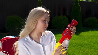 Blonde model Lina Shisuta masturbates with her panties and fingers