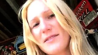 Blonde beauty gives an amazing blowjob outdoors