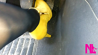 Revving in Yellow Boots and Black Pantyhose