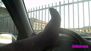 Nyllady's Footjob to Gearshift and Wheel in Patterned Pantyhose