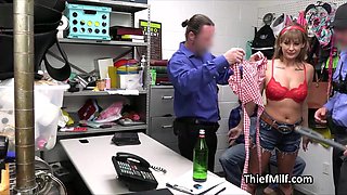 Back office gangbang of big-breasted mommy thief