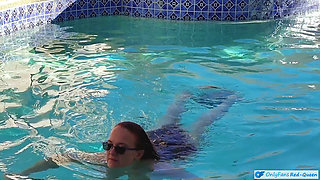 Hot Long Haired Ginger MILF Taking a Dip and Fucking in Outdoor Pool