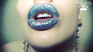 Blue glittery lips smelling & worship