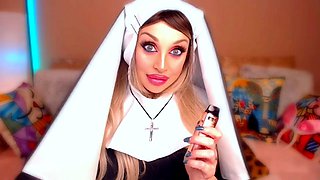 Nun outfit fun as Loraflowerlive learns to give a messy blowjob with all the cute extras