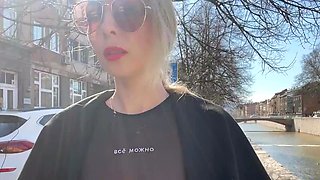 Public city walk in see-through top. Flashing tits to for