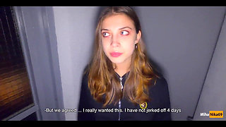 While Parents Are at Home We Fuck in the Staircase - Cum in Panties and Wear - POV