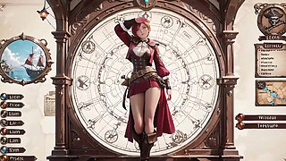 Redhead Pirate Captain! Playing with her cutlass in a vintage ship cabin