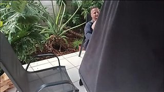 Shy Virgin Stepsister Fucked Hard by Horny Stepbrother While Friend Jerks Off in Garden