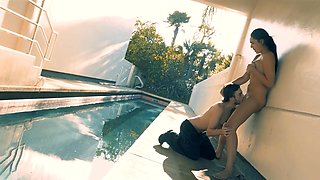 Brunette Anastasia and Weston indulge in a steamy outdoor session by the pool