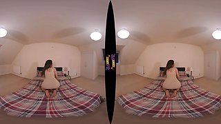 Busty curly brunette with big boobs fucks on couch