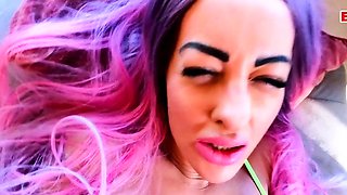 Porn slut with pink hair fucks in the car