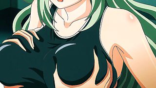 Four anime girls in black one-piece swimsuits on teal indoor pool deck