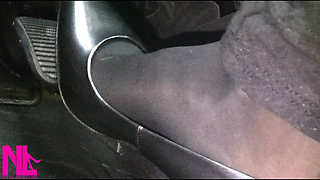 Revving and Driving in Black Pantyhose and Grey High Heels
